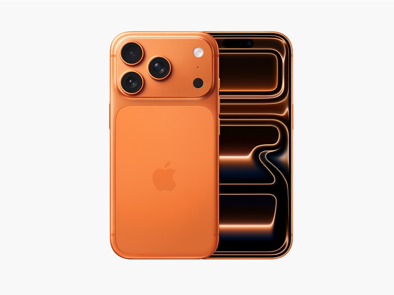 Vista frontal y posterior del iPhone 17 Pro naranja cósmico.