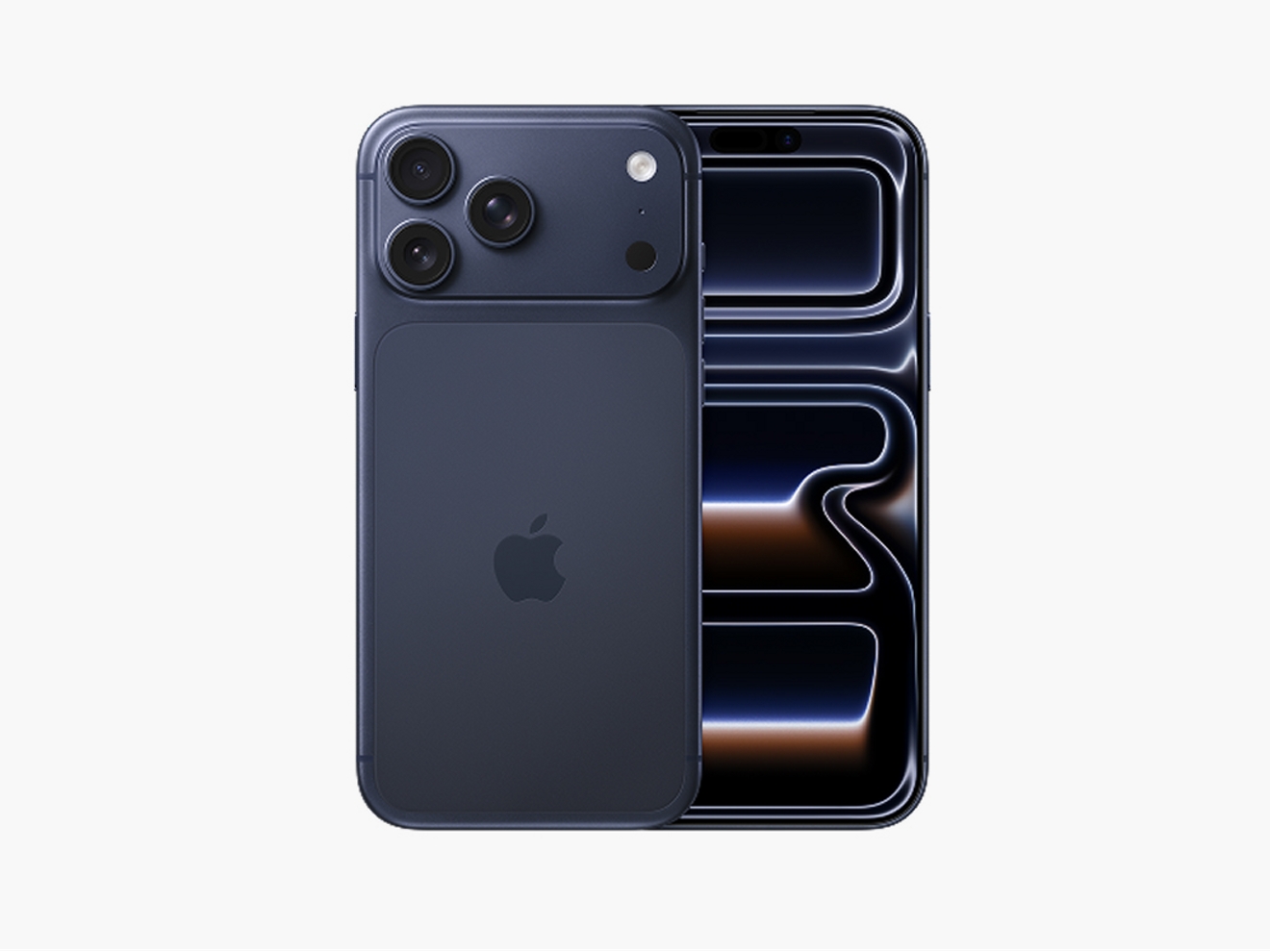 Vista frontal y posterior del iPhone 17 Pro Max azul profundo.