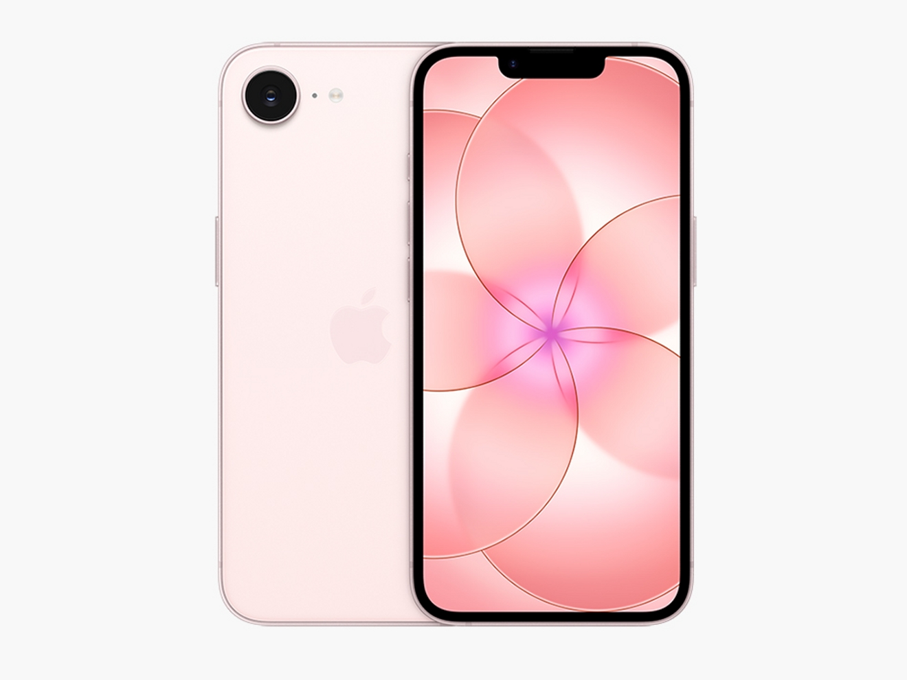 ​​​​​​​Vista frontal y posterior de un iPhone 17e con un acabado en rosa suave, donde destaca su diseño limpio y su pantalla brillante y moderna.