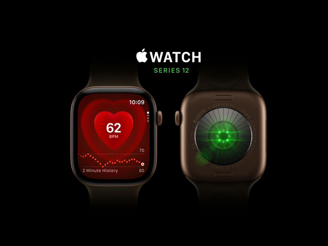 Vistas frontal y posterior del Apple Watch Series 12 que muestran la pantalla y el sensor de frecuencia cardíaca.