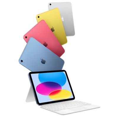 Familia de iPad (A16) coloridos flotando con el logotipo de Apple iPad encima