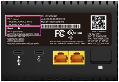 Etiqueta del gateway Arcadyan KVD21 con el nombre de la red Wi-Fi y la contraseña encerrados en un círculo en la esquina superior izquierda