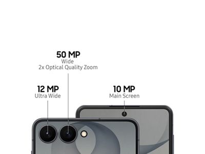 ​​​​​​​Parte trasera del teléfono Galaxy Z Flip8 con una cámara ultra gran angular de 12 MP y una cámara gran angular de 50 MP con zoom óptico de 2X. La parte delantera del teléfono cuenta con una cámara frontal de 10 MP.
