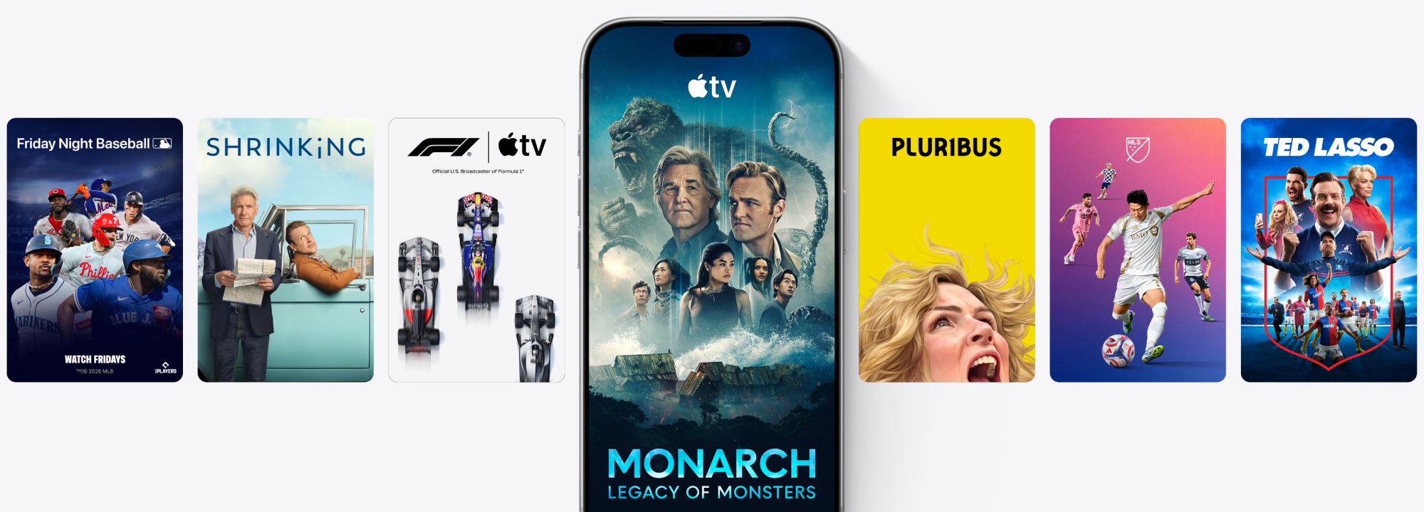 Se muestran varios programas originales de Apple TV con un teléfono en el medio con "Monarch Legacy of Monsters" resaltado.