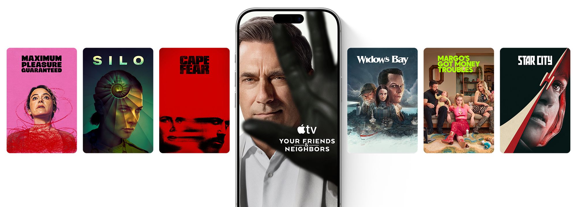 Se muestran varios programas originales de Apple TV con un teléfono en el medio con "Monarch Legacy of Monsters" resaltado.