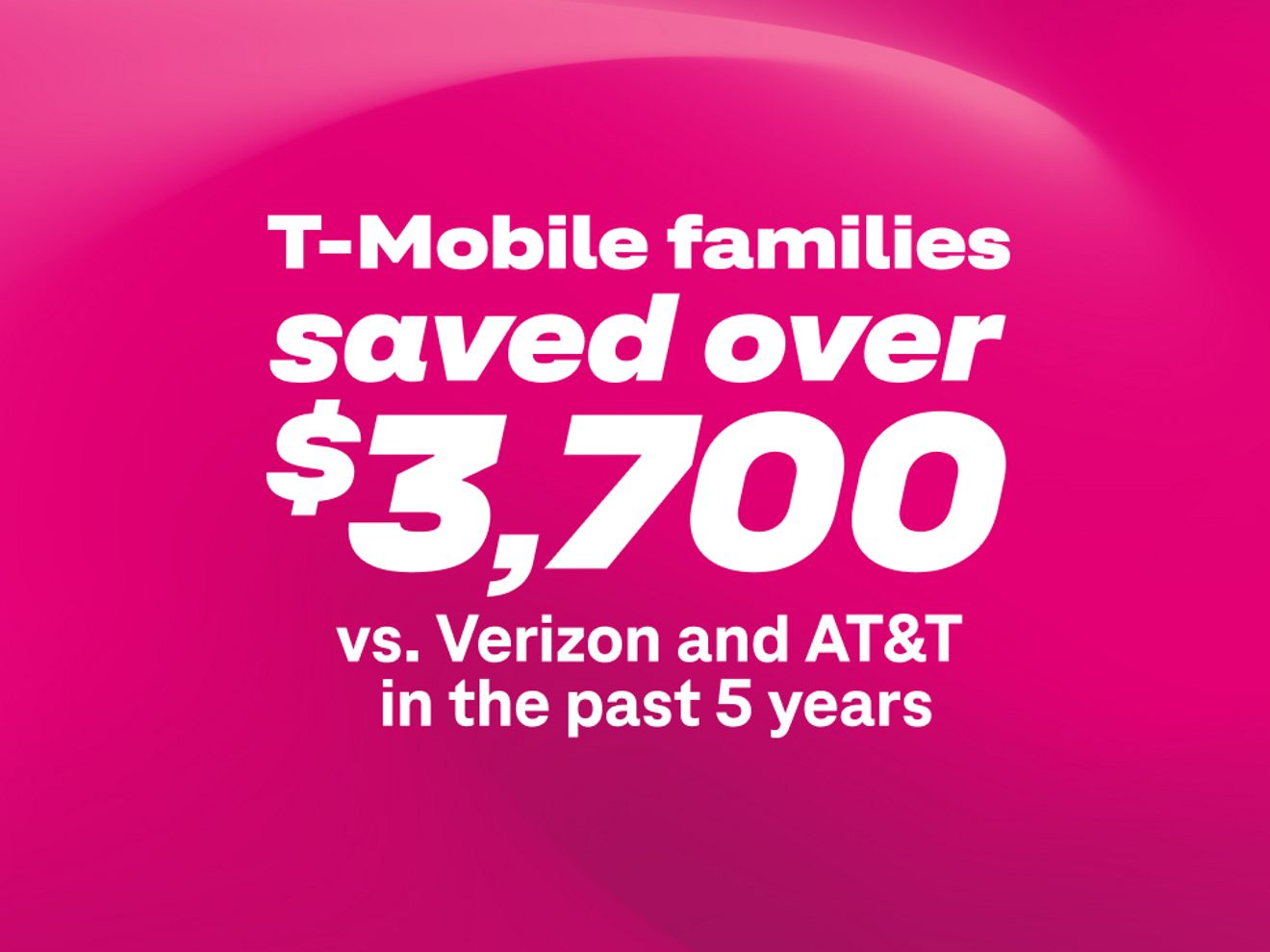 Un fondo magenta con el texto "Con T-Mobile, las familias ahorraron más de $3,700 vs. Verizon y AT&T en los últimos 5 años".