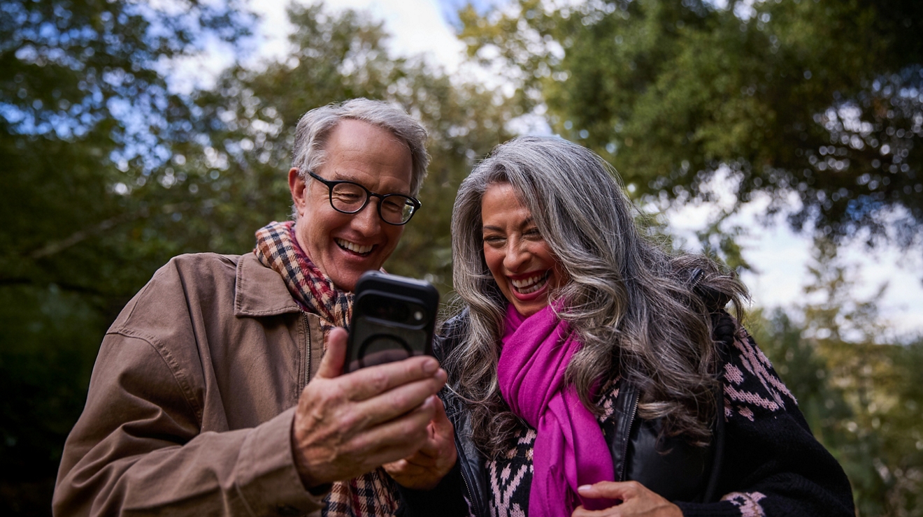 Un hombre con una bufanda de cuadros escoceses y una mujer con una bufanda magenta sonríen mirando su teléfono mientras están de pie al aire libre, rodeados de árboles.