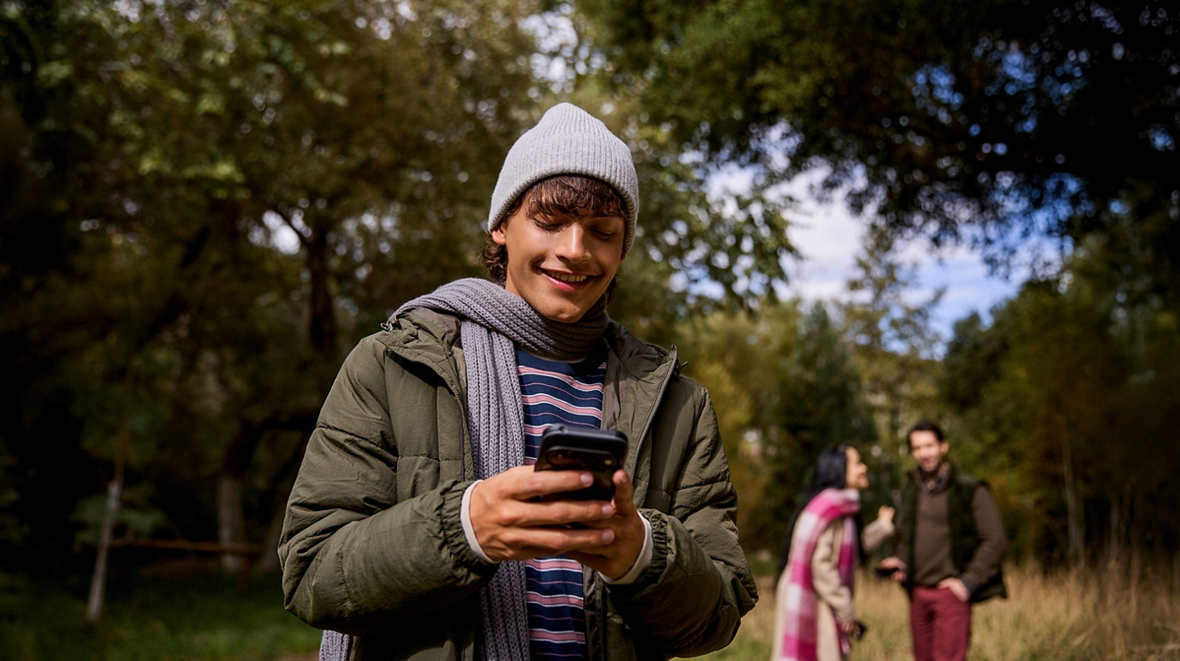 Un joven con abrigo de invierno, gorro y bufanda sonríe a su teléfono mientras está al aire libre, rodeado de árboles.