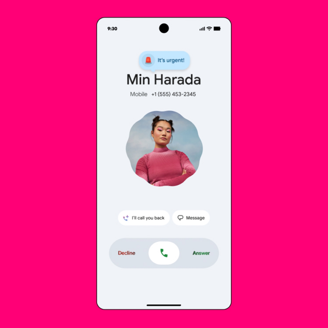 La pantalla de un smartphone con una llamada entrante, con indicadores de Call Reason y controles claros para responder o rechazar.