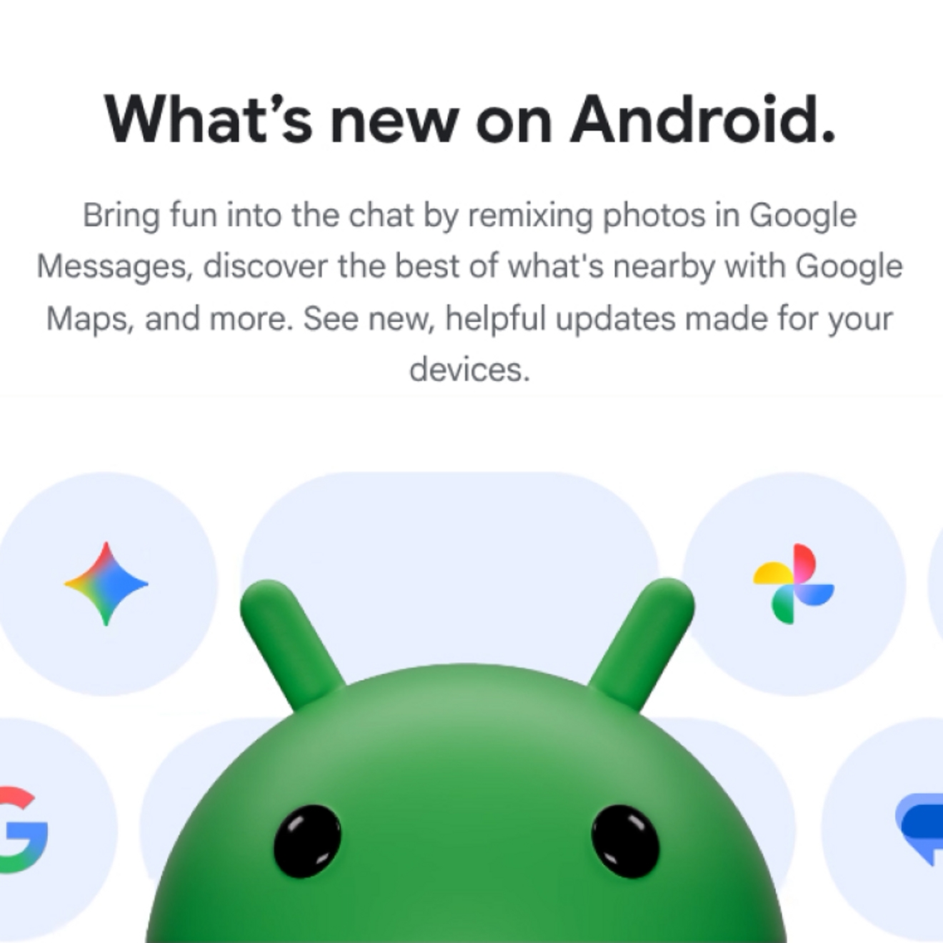 La mascota de Android centrada en una tarjeta de anuncio de función, rodeada por íconos de apps de Google sobre un fondo claro.