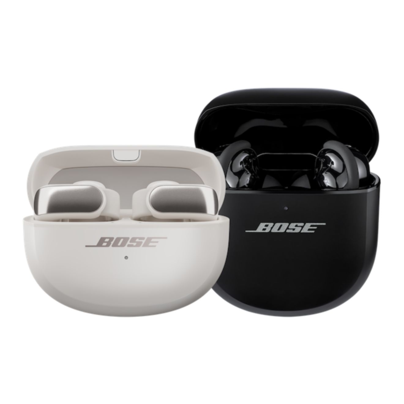 white and black Bose earbuds with open cases