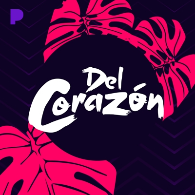 Portada del canal de Pandora Del Corazón, logotipo de Del Corazón sobre un estampado floral tropical