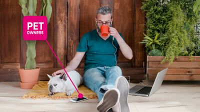 Hombre sentado en el suelo, bebiendo café y acariciando a un perro que tiene a su lado. Una burbuja de texto magenta conectada al perro y al hombre dice "Dueño de mascota".
