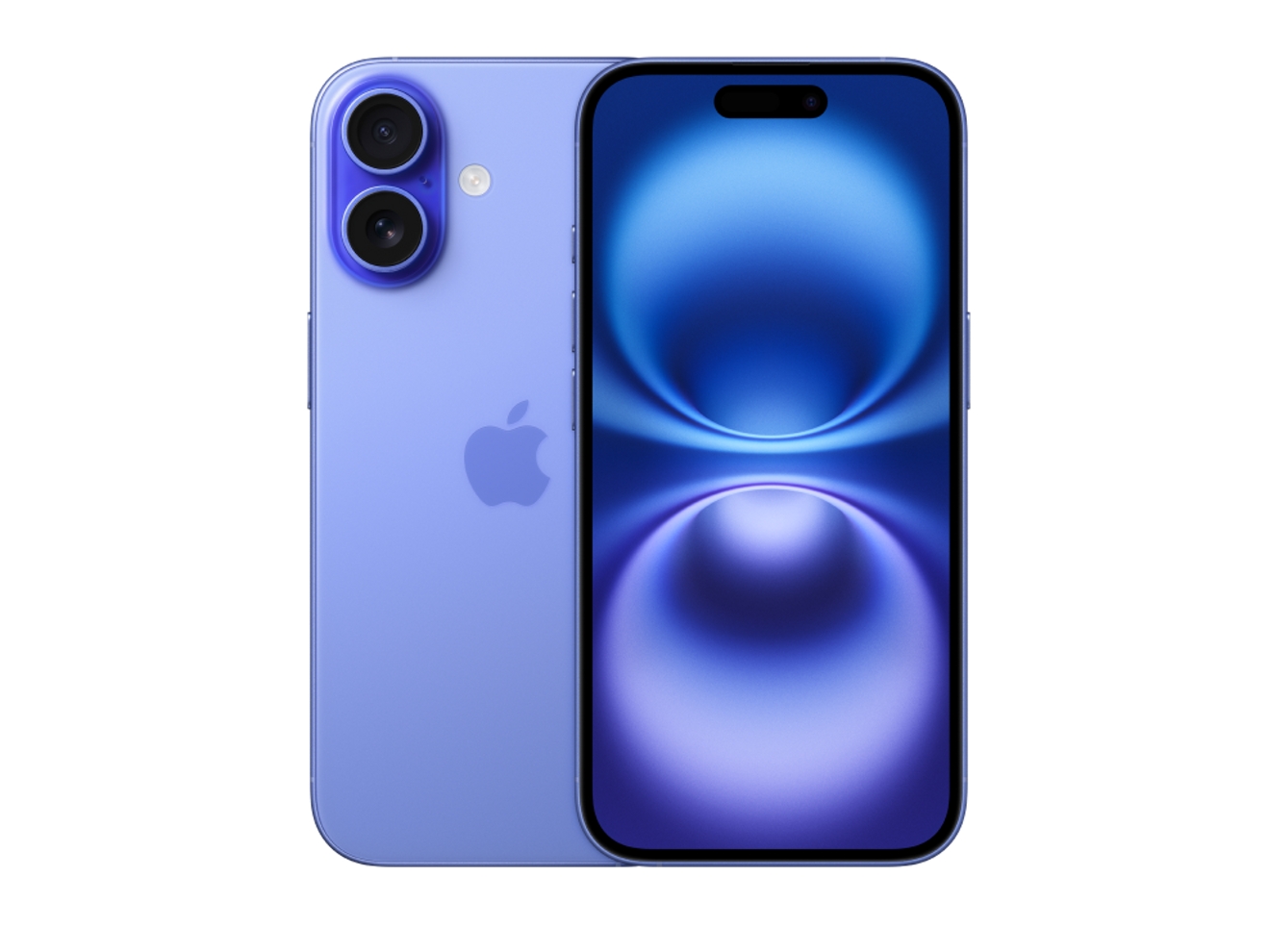 Vista frontal y posterior de dos dispositivos iPhone 16 azules