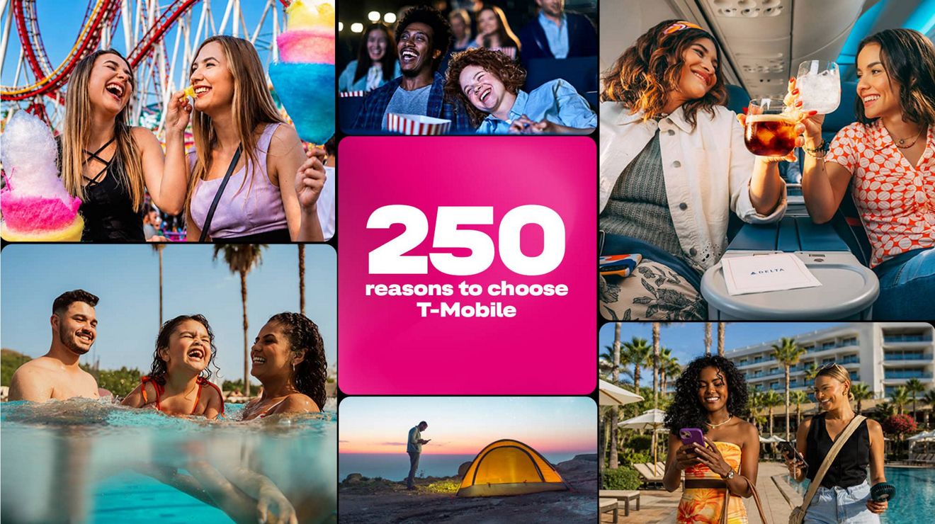 ​​​​​​​Un collage de personas disfrutando de actividades veraniegas. Doscientas cincuenta razones para elegir T-Mobile.