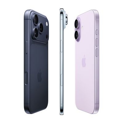 Se muestran tres iPhones uno al lado del otro: uno en gris oscuro, otro desde el perfil lateral delgado y otro en rosa pálido, que resalta el diseño limpio y los bordes ultrafinos.