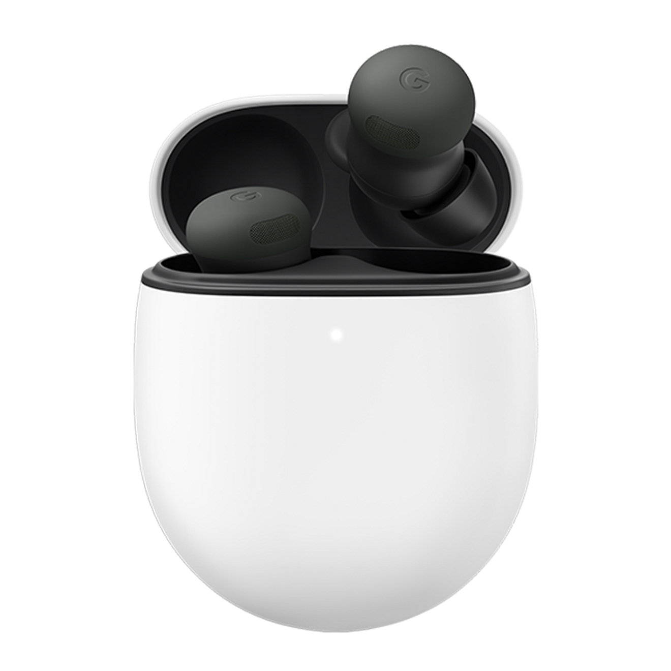 Estuche blanco para Google Pixel Buds 2 y audífonos negros flotando