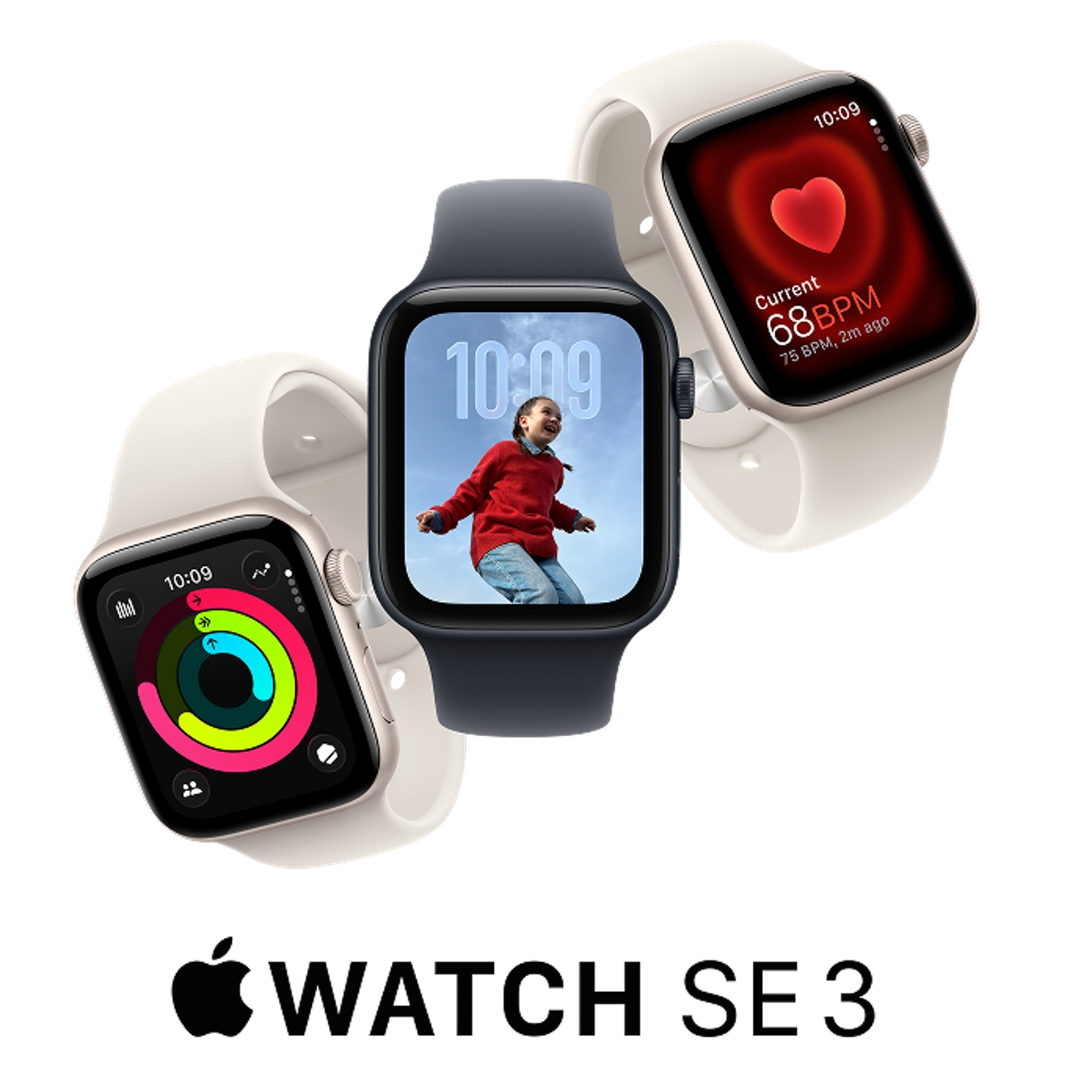 Las esferas de tres relojes Apple Watch SE 3 diferentes que muestran un monitor de actividad, una niña y un monitor de frecuencia cardíaca.