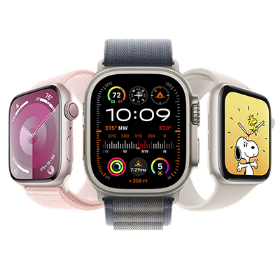 Tres Apple Watch S9 con correas en diferentes colores, mostrando diferentes pantallas.
