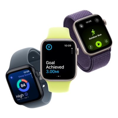 Las esferas de tres relojes Apple Watch SE 3 diferentes que muestran un monitor de actividad, una niña y un monitor de frecuencia cardíaca.
