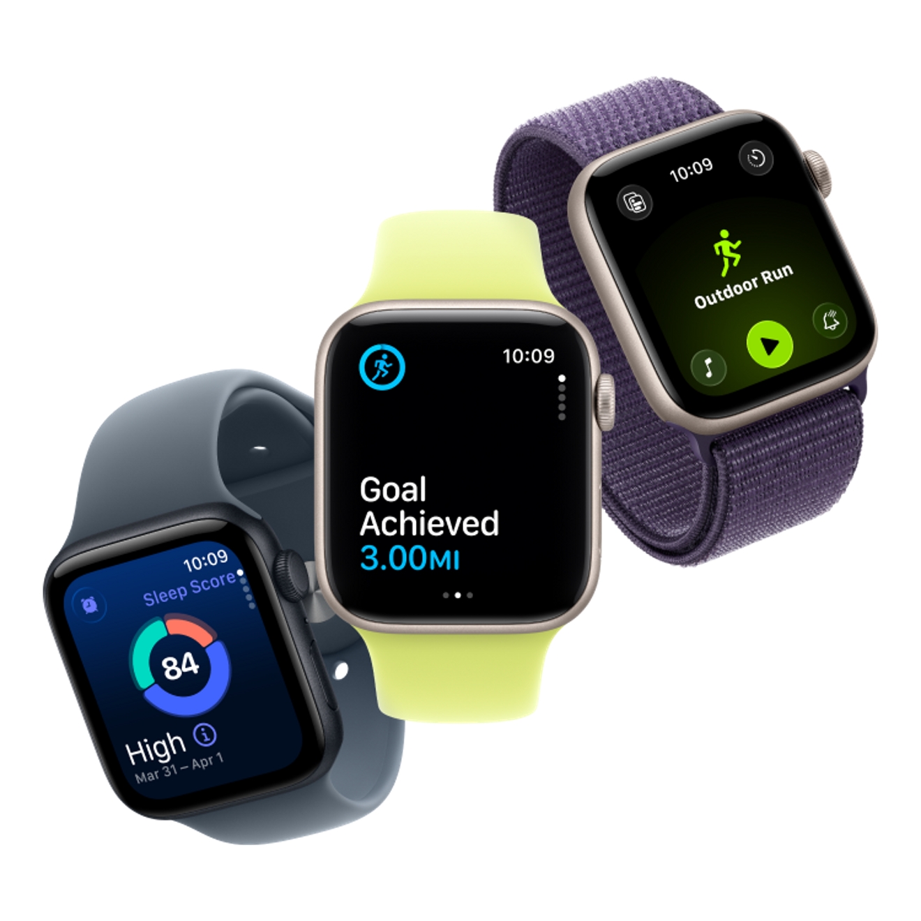 Las esferas de tres relojes Apple Watch SE 3 diferentes que muestran un monitor de actividad, una niña y un monitor de frecuencia cardíaca.