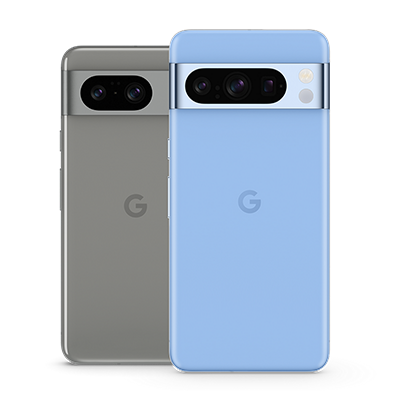 Frente de un teléfono Google Pixel 8 y un Pixel 8 Pro