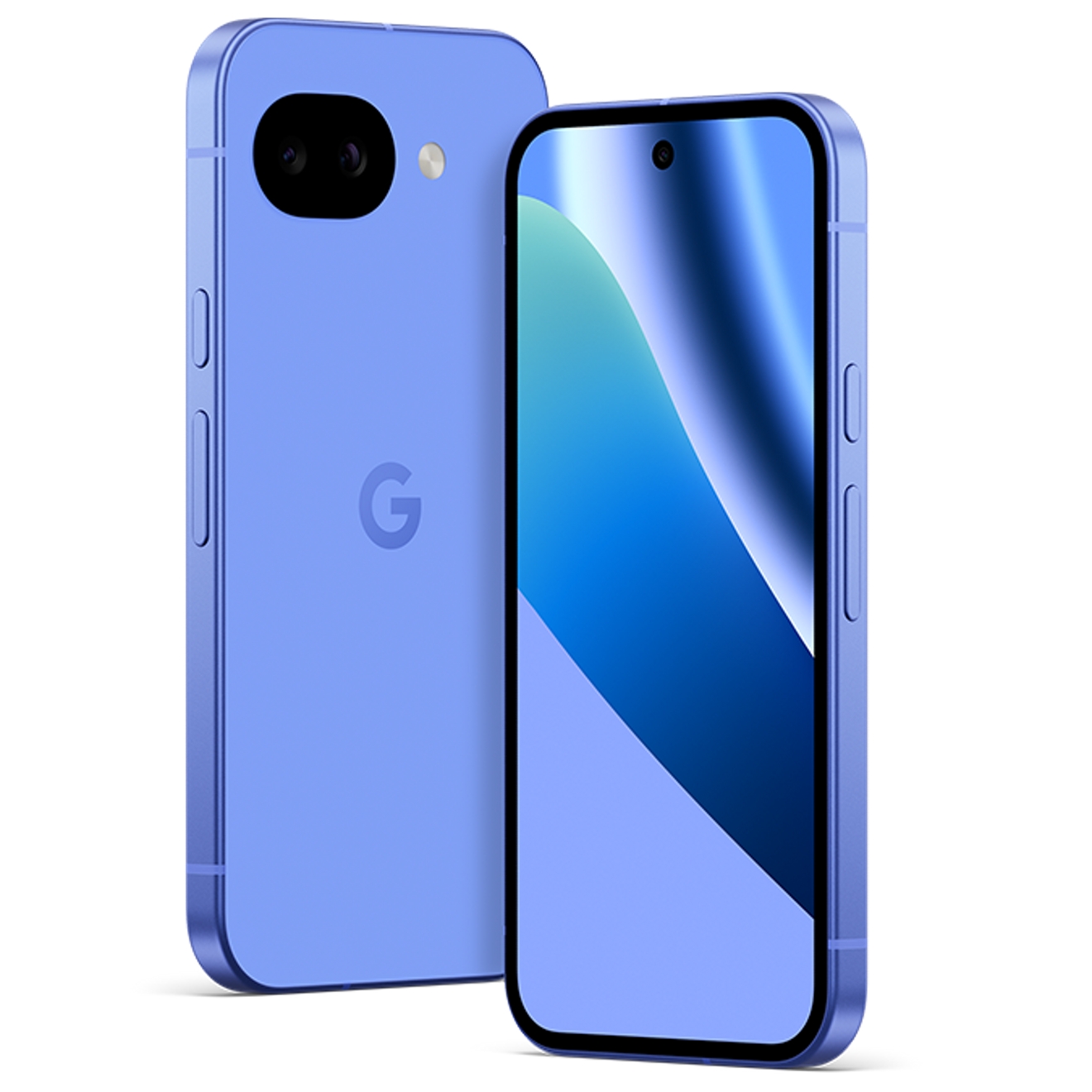 Se muestra un Google Pixel 10a azul claro desde el frente y la parte posterior, resaltando su diseño delgado y su aspecto limpio y moderno.