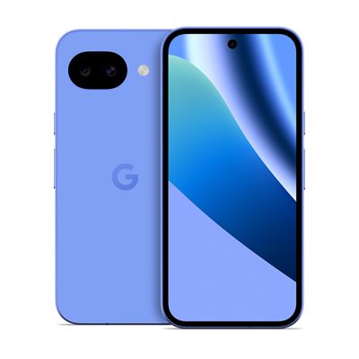 Se muestra un Google Pixel 10a de color azul claro, visto desde delante y desde atrás.