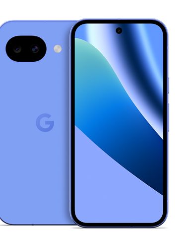 Se muestra un Google Pixel 10a de color azul claro, visto desde adelante y desde atrás.