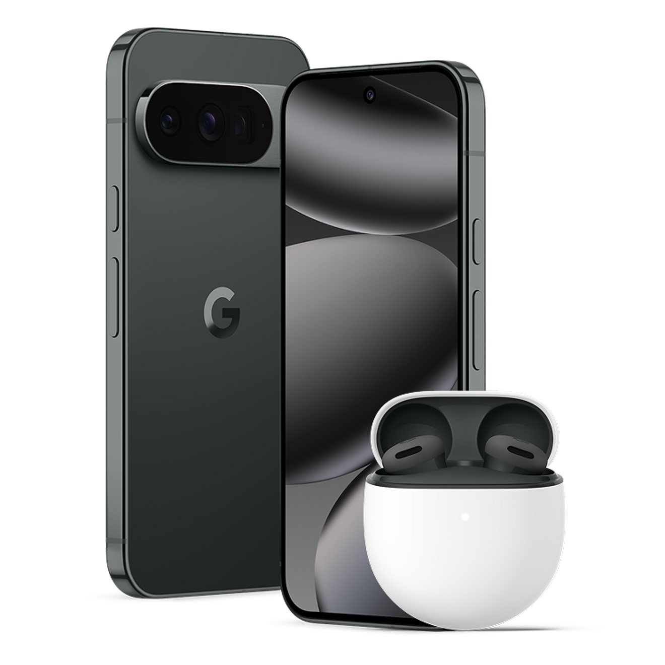 Vista frontal y posterior de un Google Pixel 10 y los Pixel Buds 2a.