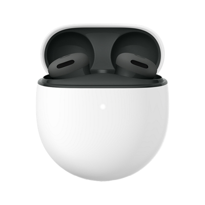 Un par de Pixel Buds inalámbricos de color oscuro descansan dentro de un estuche de carga blanco abierto y listo para usar.
