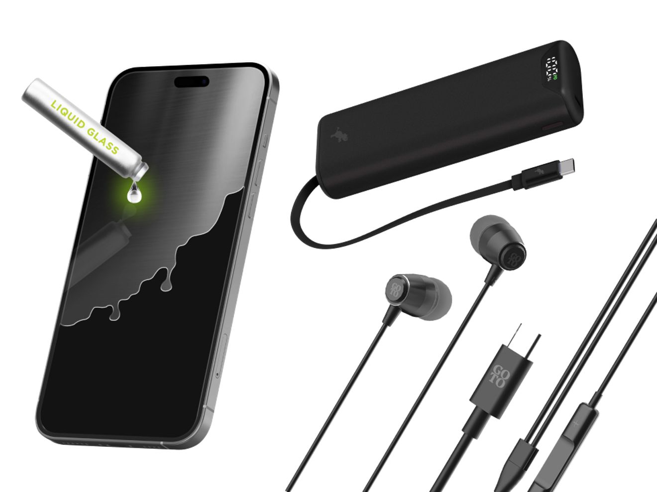 Los audífonos con cable GoTo USB-C, el Nimble CHAMP Stretch 10K con cable retráctil y el PureGear Liquid Glass todos juntos.