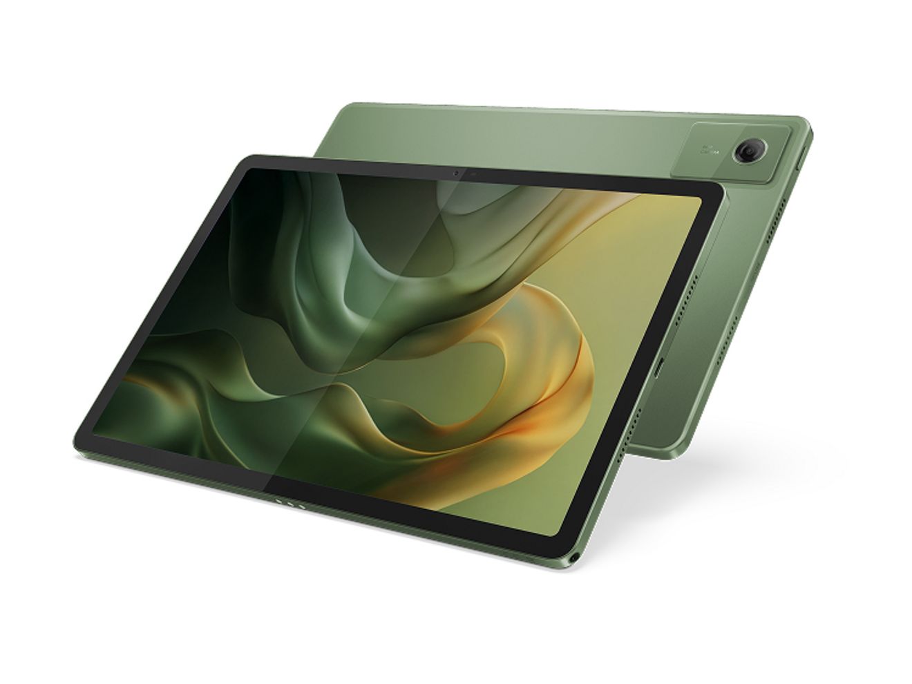 Una tablet Motorola de color verde con la pantalla vista desde delante y desde atrás, tomada en ángulo sobre un fondo claro.