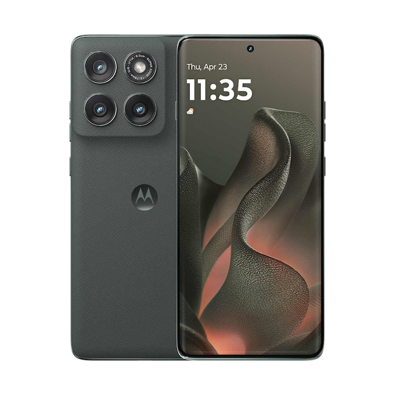 Dos smartphone moto edge, uno orientado hacia delante y otro hacia atrás.