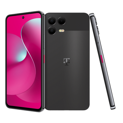 Vistas frontal, lateral y trasera del teléfono Revvl 8 Pro.