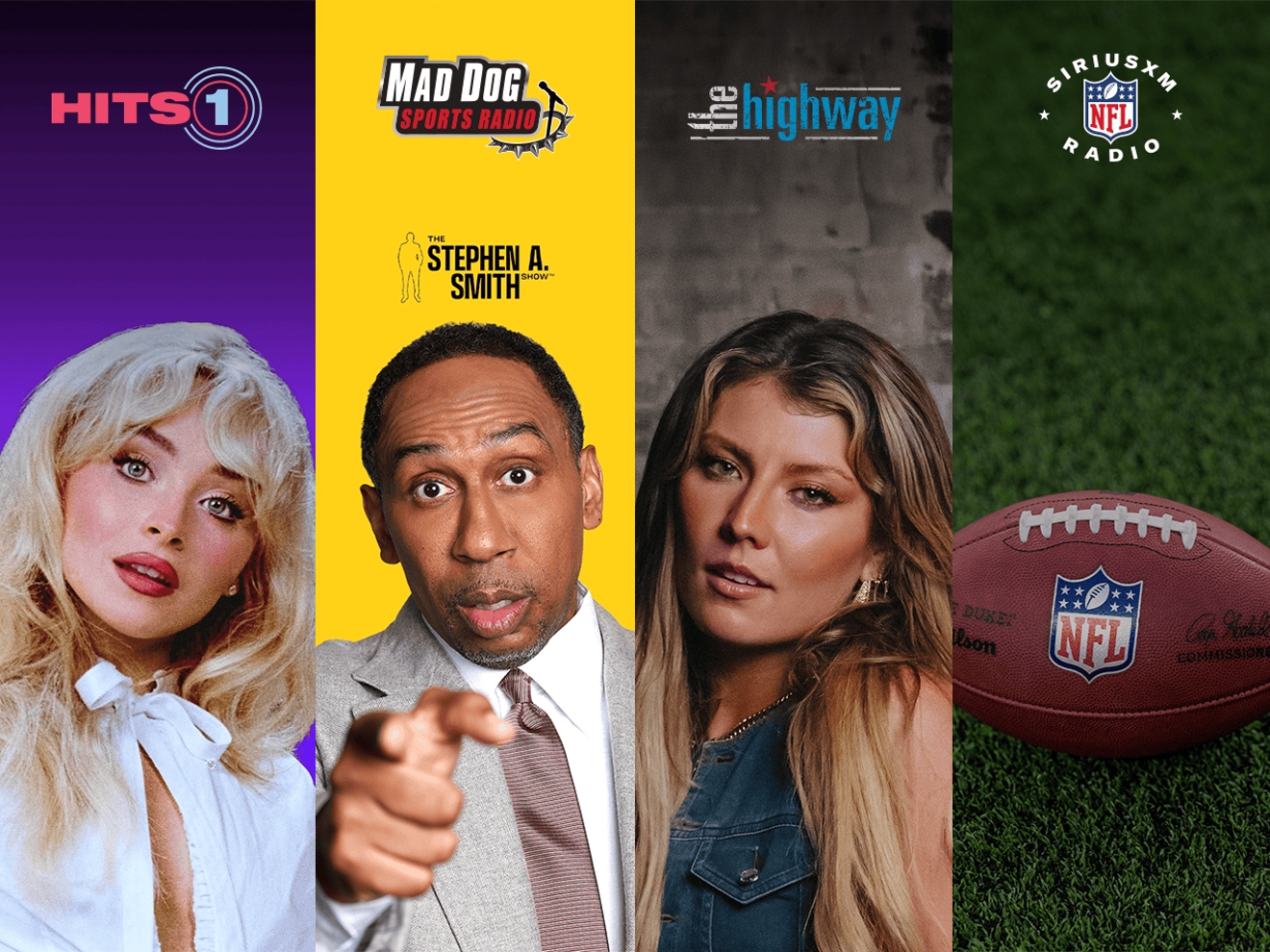 Cuatro estaciones de radio SiriusXM publicitadas en sus propias secciones sobre un fondo magenta.