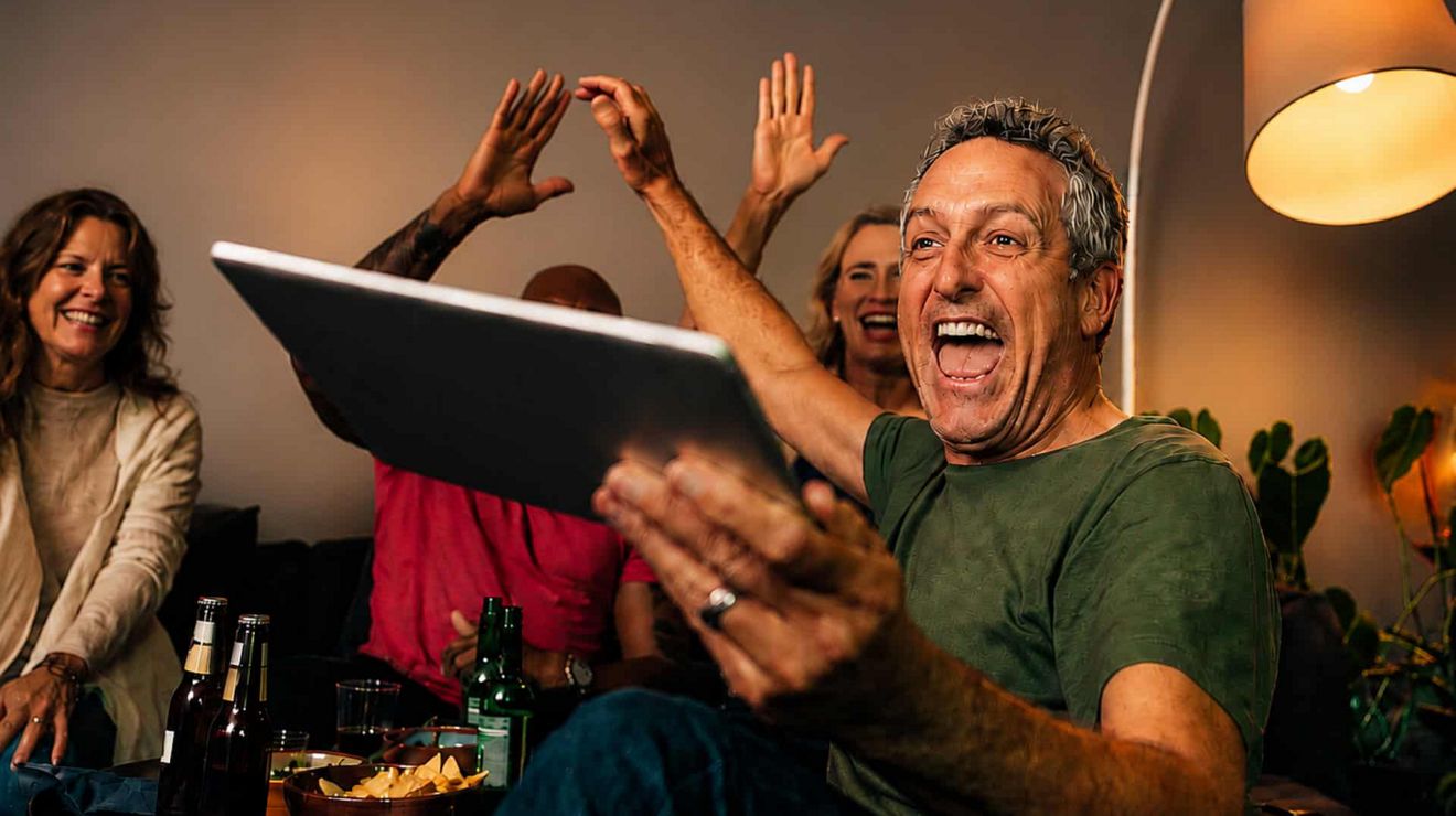 Un hombre emocionado sostiene una tablet y lo celebra con dos personas en casa.