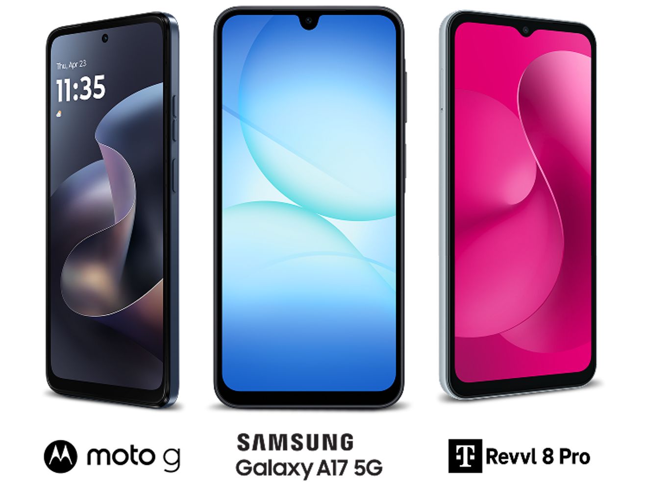Se muestran un teléfono moto g, un Galaxy A17 5G y un Revvl 8 Pro.