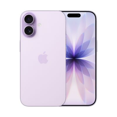 Se muestra un iPhone 17 desde el frente y la parte posterior en un acabado lavanda, con un diseño abstracto brillante en forma de pétalo que resplandece en la pantalla.