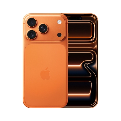 Vista frontal y posterior de un iPhone 17 Pro en naranja cósmico.