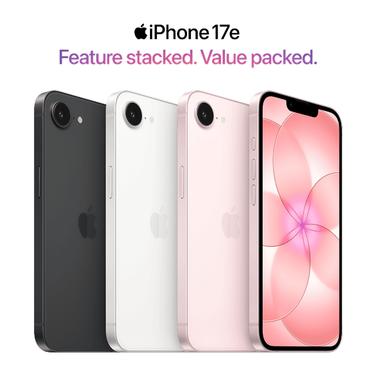 Cuatro teléfonos iPhone 17e alineados en diferentes colores, mostrando el diseño delgado, los bordes limpios y la pantalla brillante y pulida.