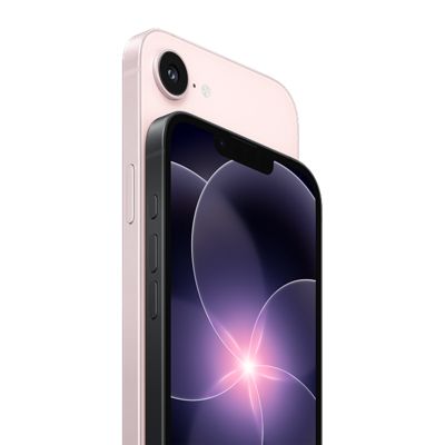 Vista posterior de un iPhone 17e color rosa suave y vista frontal de un iPhone 17e negro.
