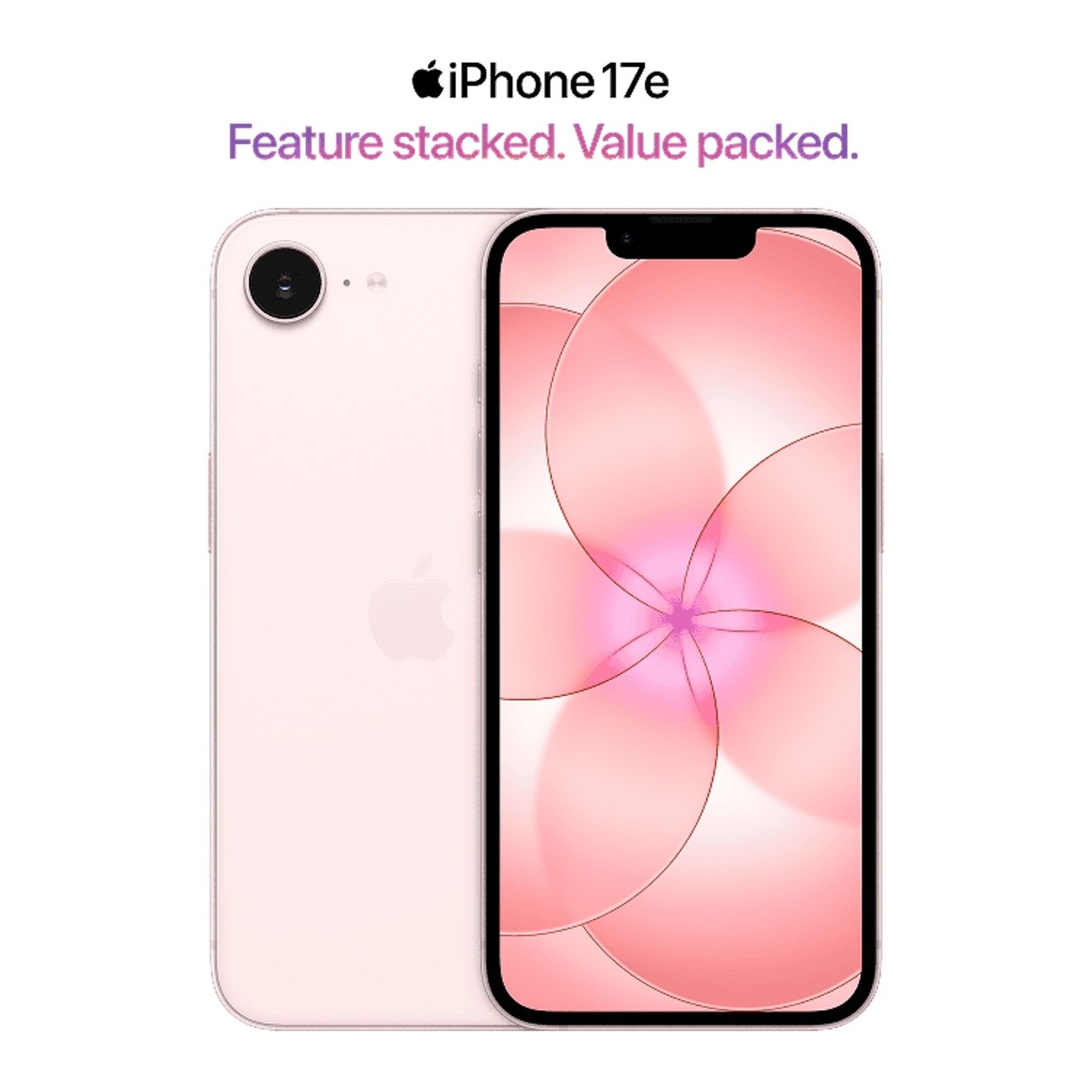 ​​​​​​​Vista frontal y posterior de un iPhone 17e con un acabado en rosa suave, donde destaca su diseño limpio y su pantalla brillante y moderna.