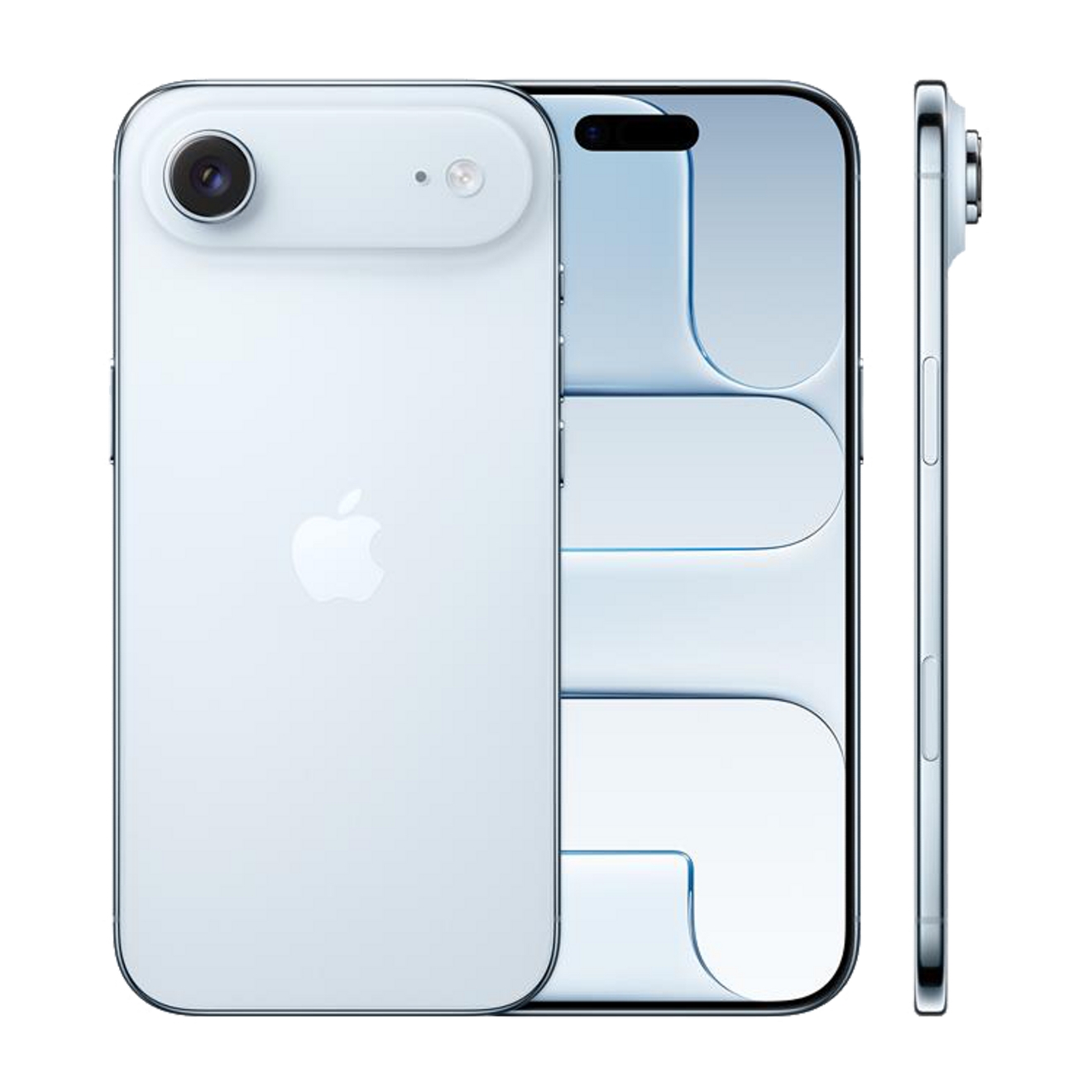 Apple iPhone Air in white, shown front, back, and side with single rear camera and a display featuring a geometric design.
