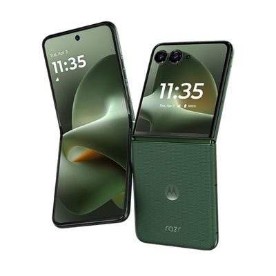 motorola razr, mostrado abierto y en modo Flex View en color PANTONE® Mountain View, en el que destacan la pantalla plegable, el acabado con textura y la pantalla externa.