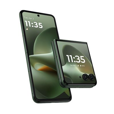 Se muestra el motorola razr abierto y cerrado en modo Flex View en PANTONE® Mountain View, destacando su diseño plegable, su acabado con textura y su pantalla externa.