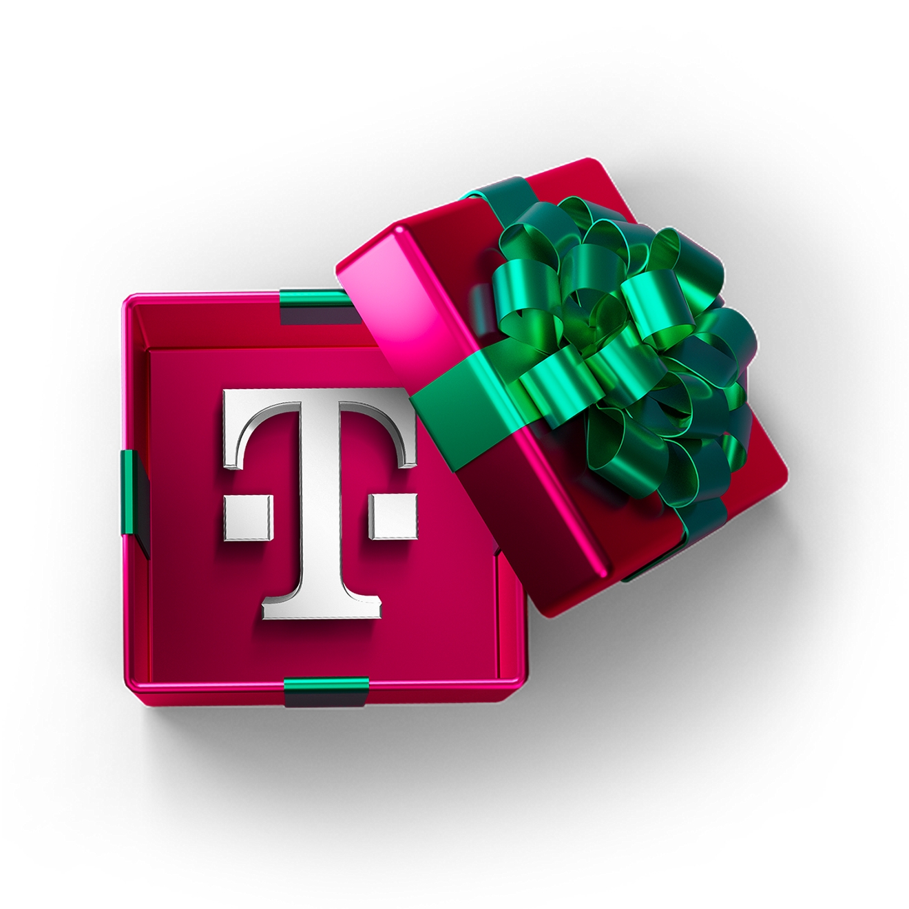 Una caja de regalo magenta con una cinta y un lazo verde esmeralda se abre para revelar un T-Mobile T blanco.