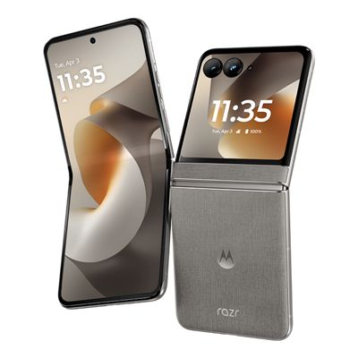 Motorola razr en color gris, mostrado abierto y cerrado, con una gran pantalla interior y una pantalla exterior compacta.