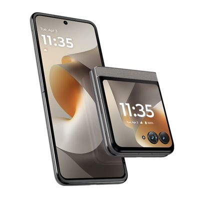 Motorola razr en color gris, mostrado abierto y plegado, con una pantalla interior alta y una pantalla exterior compacta.