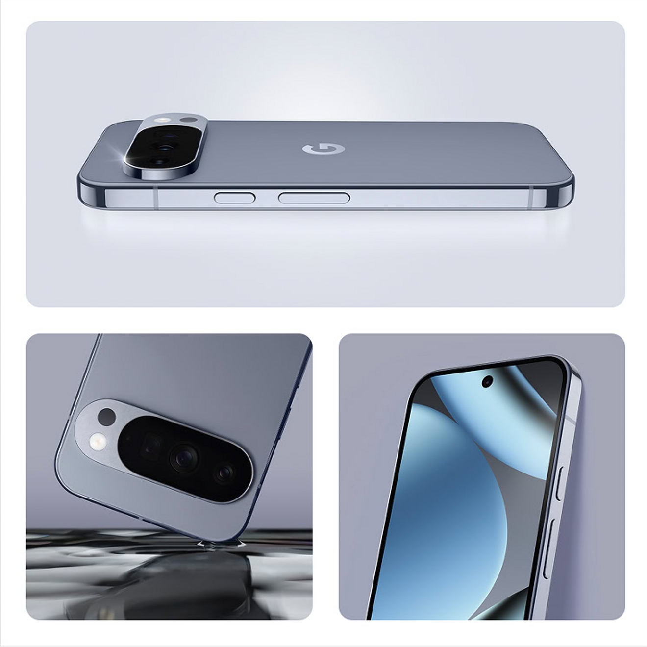 Tres mosaicos de imágenes que muestran un Google Pixel 10 Pro en color Moonstone con la pantalla hacia abajo, una esquina tocando un líquido y una vista lateral de la pantalla.